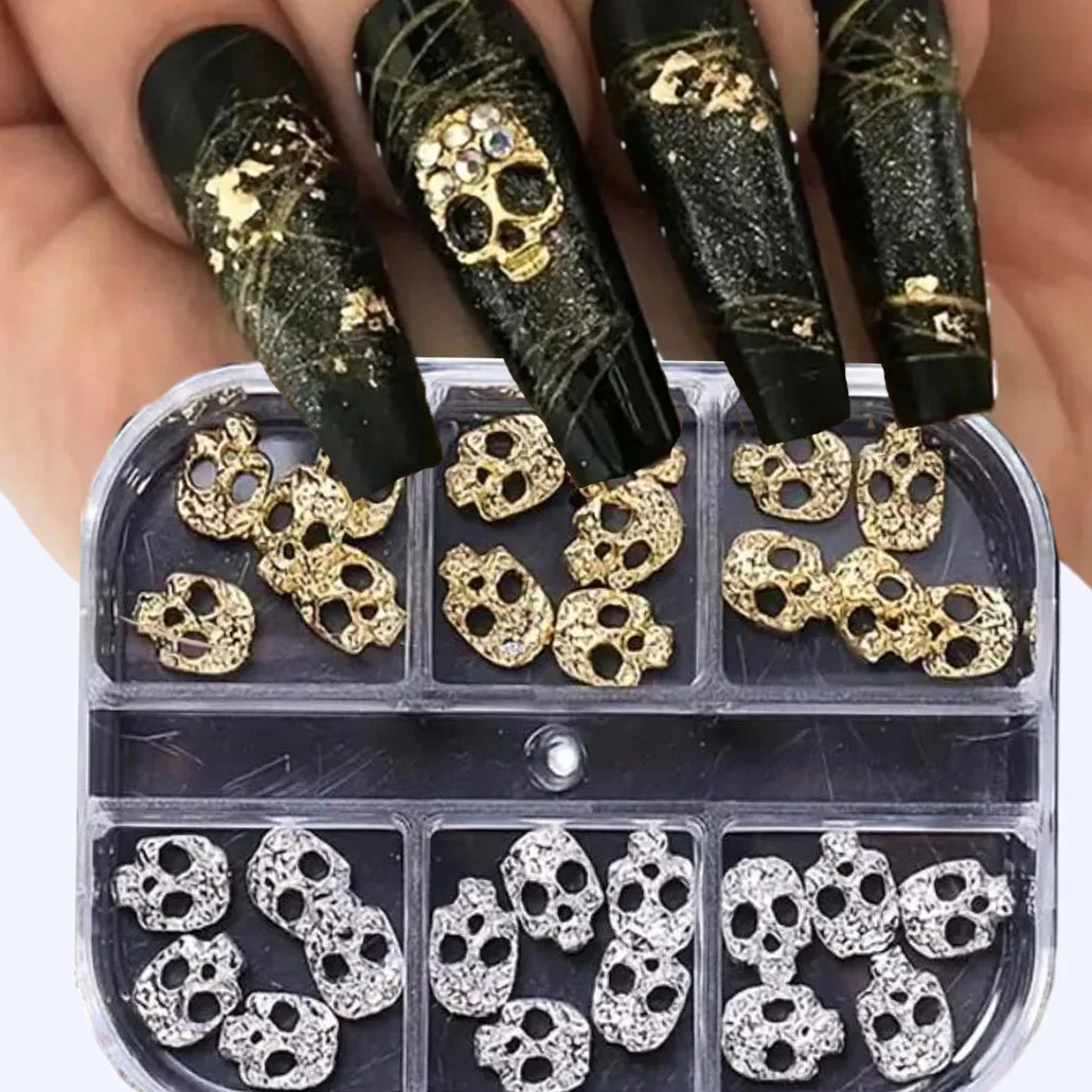 30pcs/Box Alloy Gold Silver Skull Nail Art Decoation Halloween Punk Gothic Metal Skeleton Nail Charms Y2K Retro Nail Art Jewelry