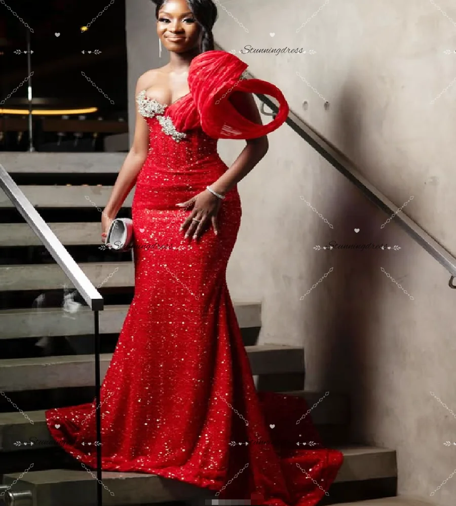 Shine Red Mermaid Evening Dress 2026 Plus Size Black Girls Sequin Prom Dress Beaded Formal Occasion Birthday Dress Luxury Party