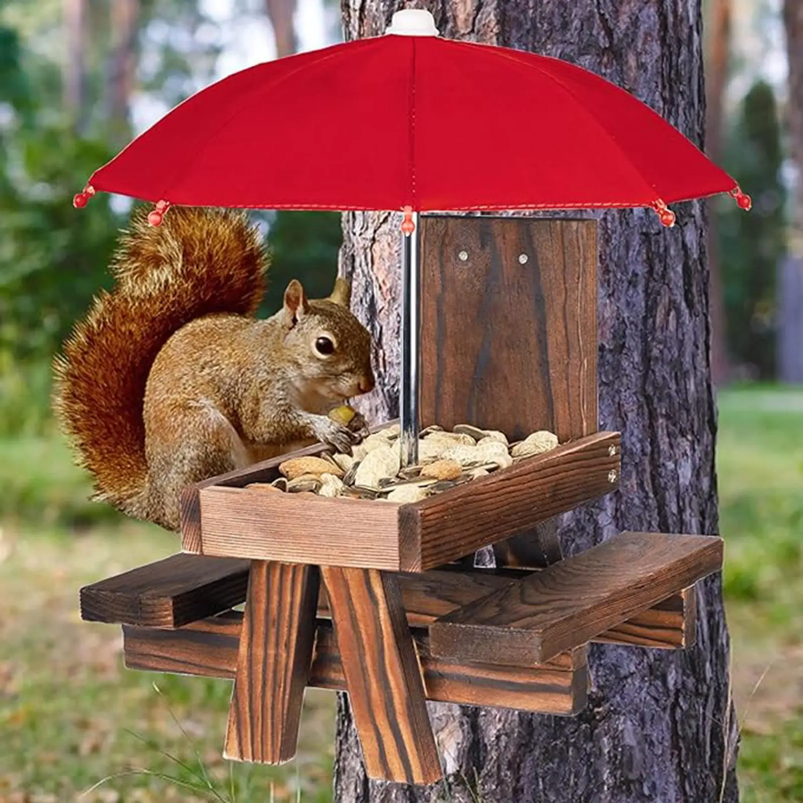 Wooden Chipmunk Feeder with Umbrella and Bench Table for Garden Decor Squirrel House for Backyard Feeding
