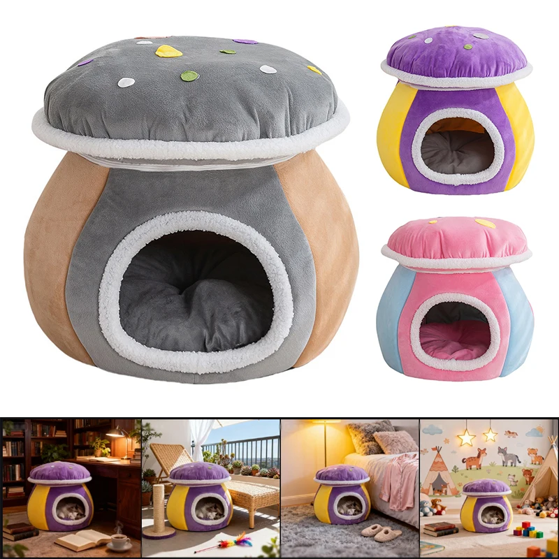 

Deep Sleep Comfort Cat Bed Detachable Washable Cozy Warm Pet House with Mushroom Shape for S/M/L Kittens Puppies Indoor Winter
