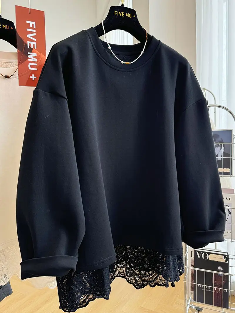 New Style Lace Splicing Fake Two-piece Pullover O Neck Sweatshirt For Women Spring Autumn Loose Top Fashion Casual Solid Hoodie