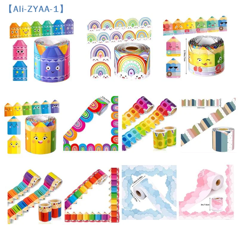 【ZYAA-1】1Roll Self Adhesive Rainbow Pencil Edge Stickers Chalkboard Bulletin Board Border Paper 3inch Border Classroom Decors
