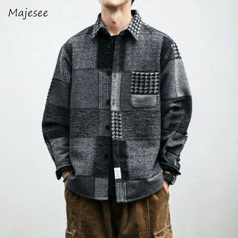 

Plaid Blends Men Spliced Irregular Handsome Autumn Winter Daily All-match Single Breasted Popular Fashion Leisure Japanese Style