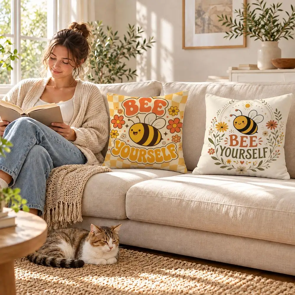 Motivational bee yourself Cushion Cover Short Plush Pillowcase, Sofa Bedroom Home Decor, Ideal Holiday Gift