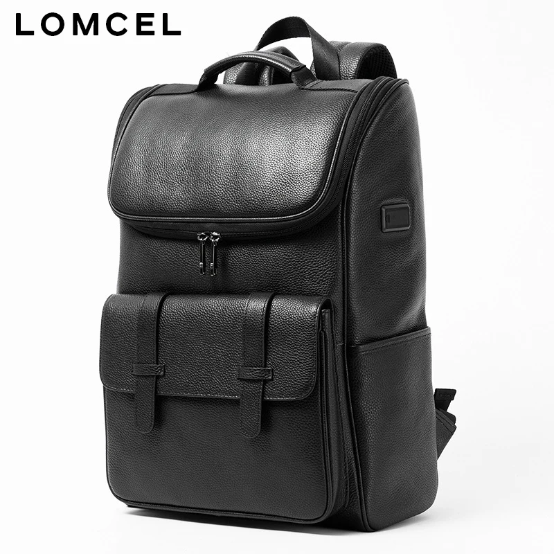 LOMCEL 32 New men's double shoulder bag made of genuine leather for business use, 16 inch laptop size top grain cowhide backpack