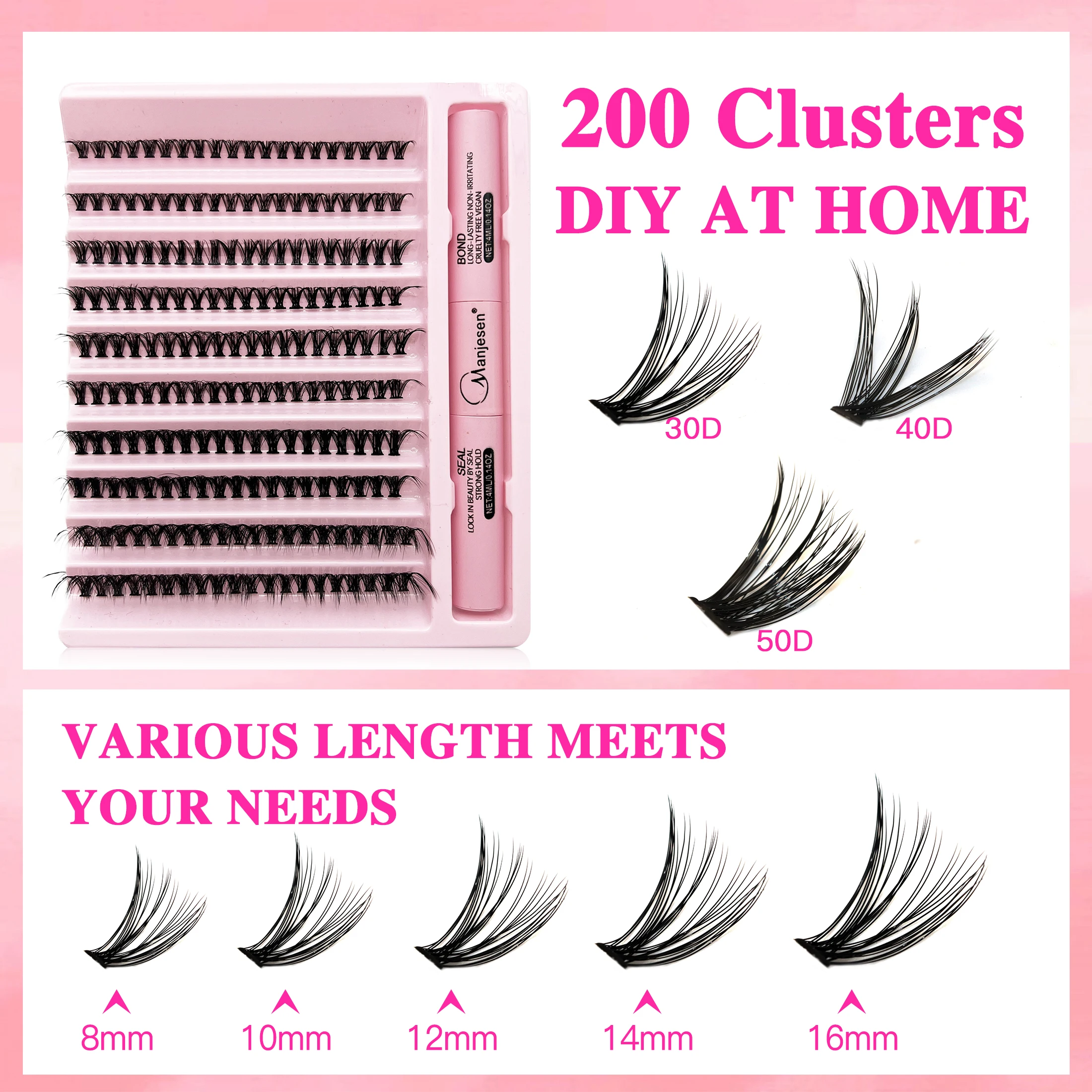 Rzęsy 200 PCS Klasterki Lash Bond i Seal Narzędzia do makijażu DIY Zestaw do przedłużania rzęs do klejenia rzęs Klej Akcesoria
