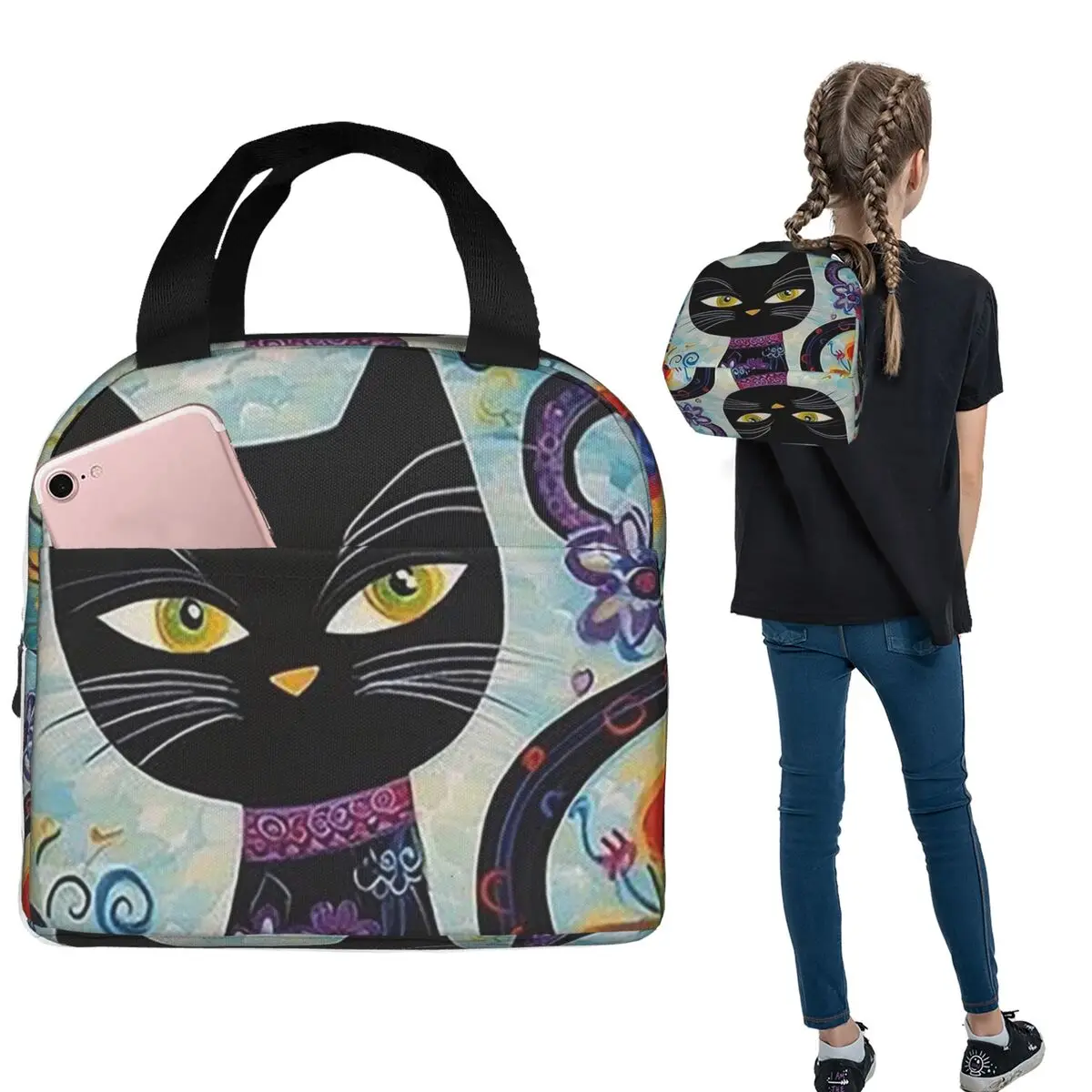 

Abstract Colorful Floral Cat Oil Painting Insulated Lunch Bag for Women Children Portable Food Boxes Thermal Lunch Box Tote