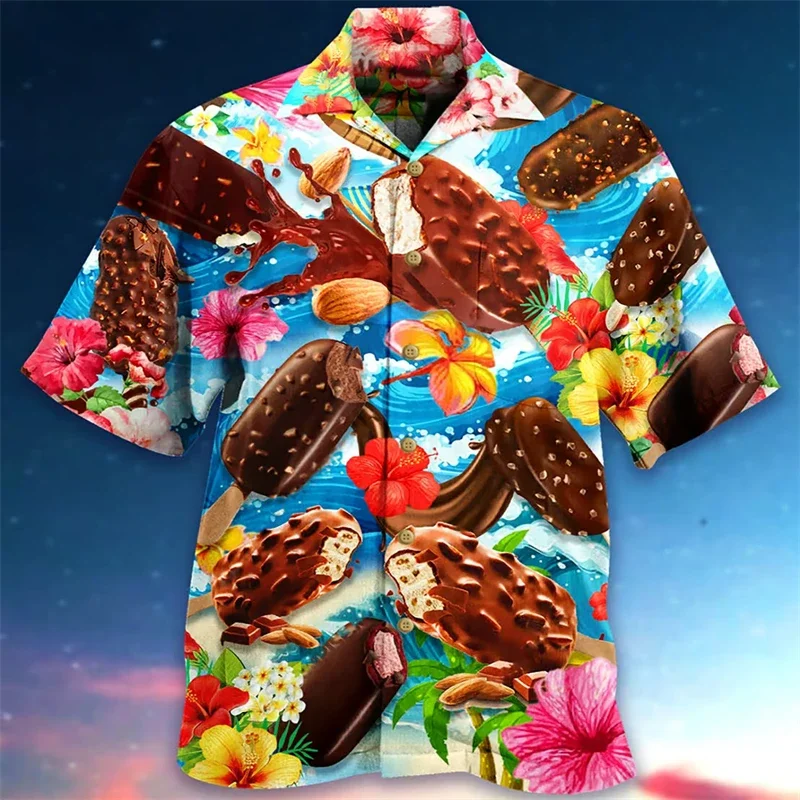 Estate Gelato Vacanza da uomo Risvolto Camisa Camicie hawaiane oversize Stampa 3d Moda Uomo Donna Spiaggia Manica corta Camicetta Top