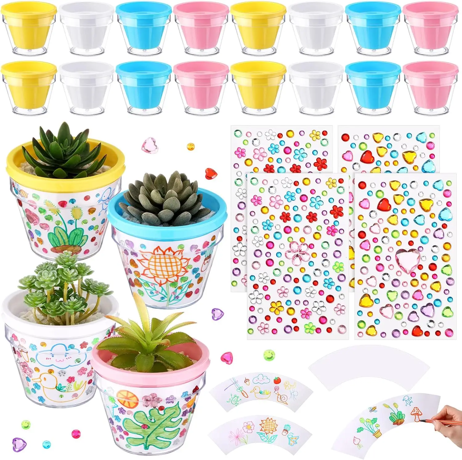 

Набор для творчества: 24 пластиковых цветочных горшка для весеннего сада, DIY-набор для выращивания растений оптом, с 4 наклейками-самоцветами