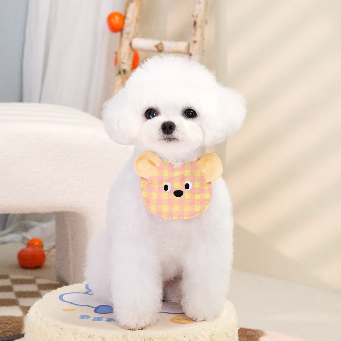 Cartoon Bear Design Dog Bib Cute Plaid Pet Bandana Soft Adjustable Puppy Scarf Small Dogs Cats Pet Accessories