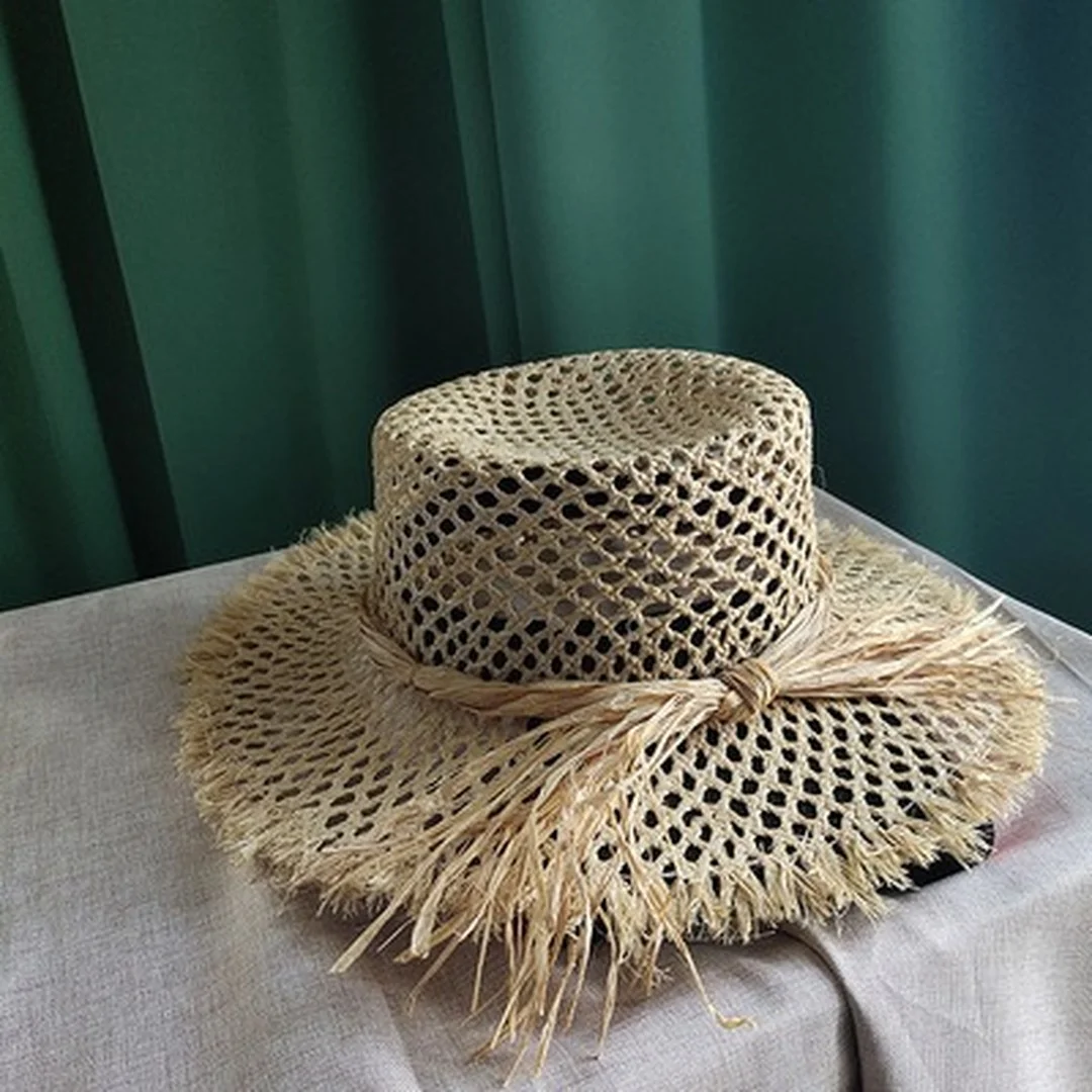 100% Natural Raffia Straw Sun Hat Women Summer Hollow Out Black Straw Hat Wide Brim Floppy Beach Hat Hand Weave Panama Caps