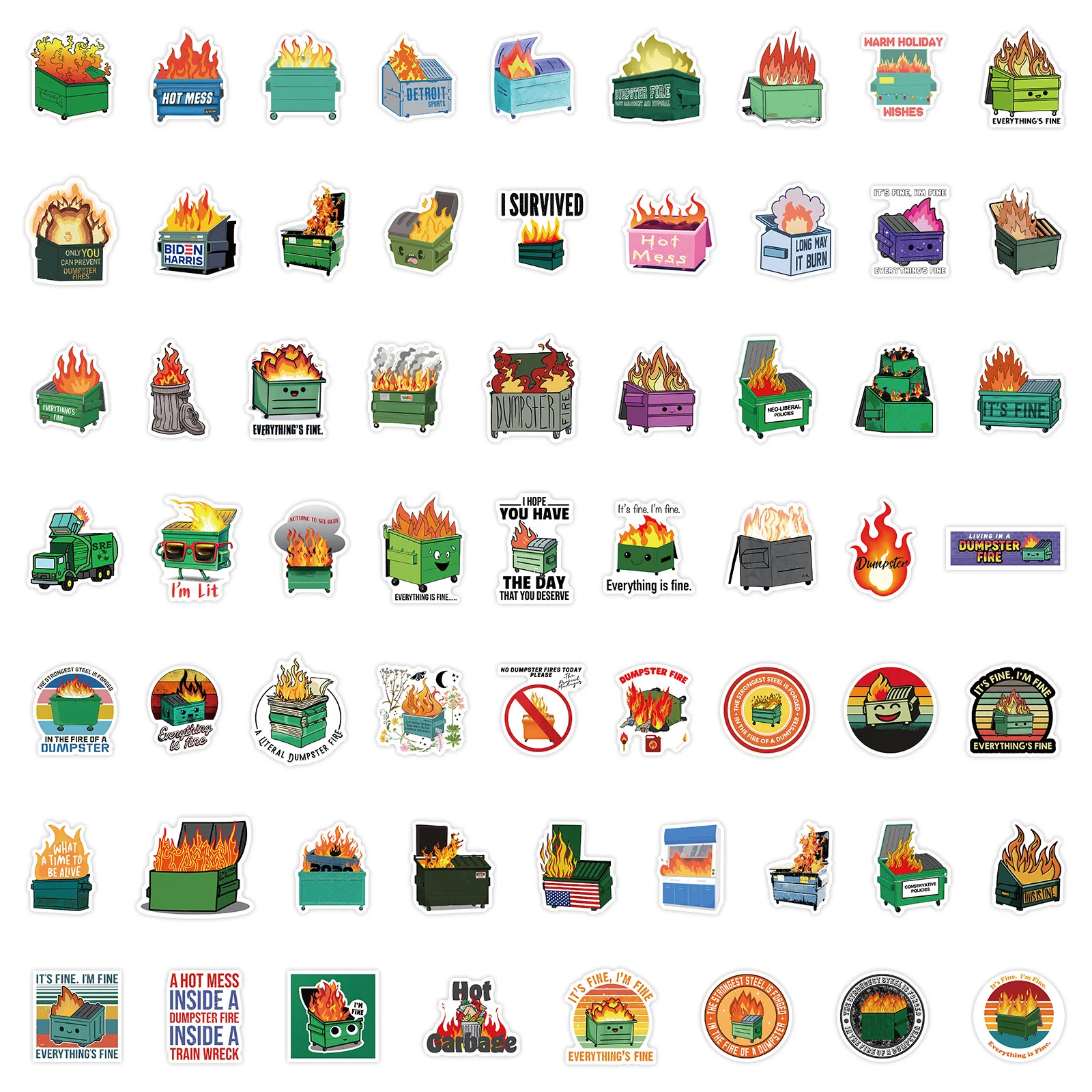 10/30/60Pcs Dumpster Fire Stickers For Suitcase Skateboard Laptop Luggage Phone Car Styling DIY Decal Pegatinas
