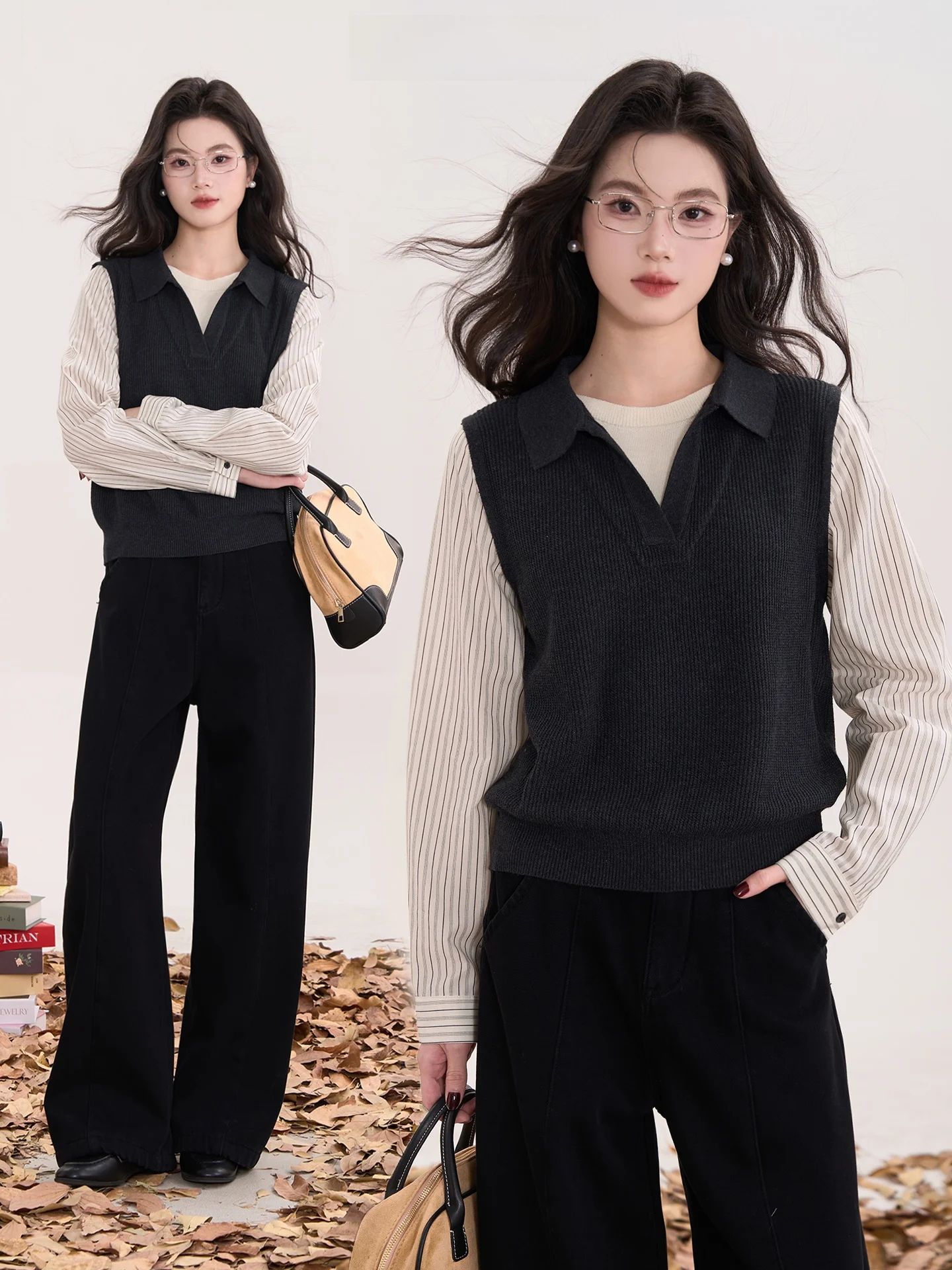 

Вязаный топ Heme в полоску для женщин, имитация двухслойности, с лоскутным дизайном, длинный рукав, смесовая хлопковая ткань