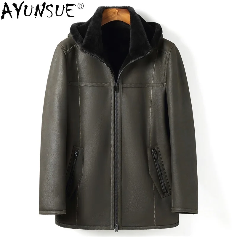 

Winter Natural Fur Coat Men Genuine Sheepskin Leather Jacket Male Warm Hooded Jackets Chaqueta De Cuero Hombre SQQ