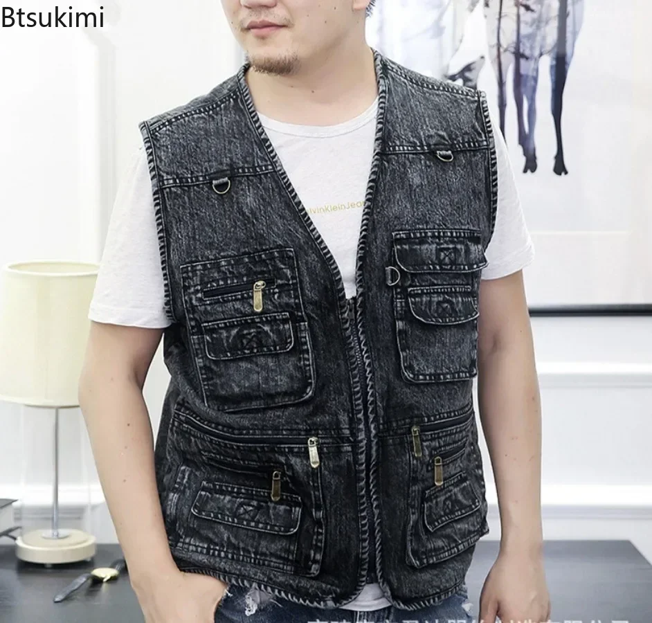 2024 New Men's Pure Cotton Denim Vest Multi-pocket Loose Casual Sleeveless Jacket Male Hiking Fishing Travel Waistcoat Plus Size