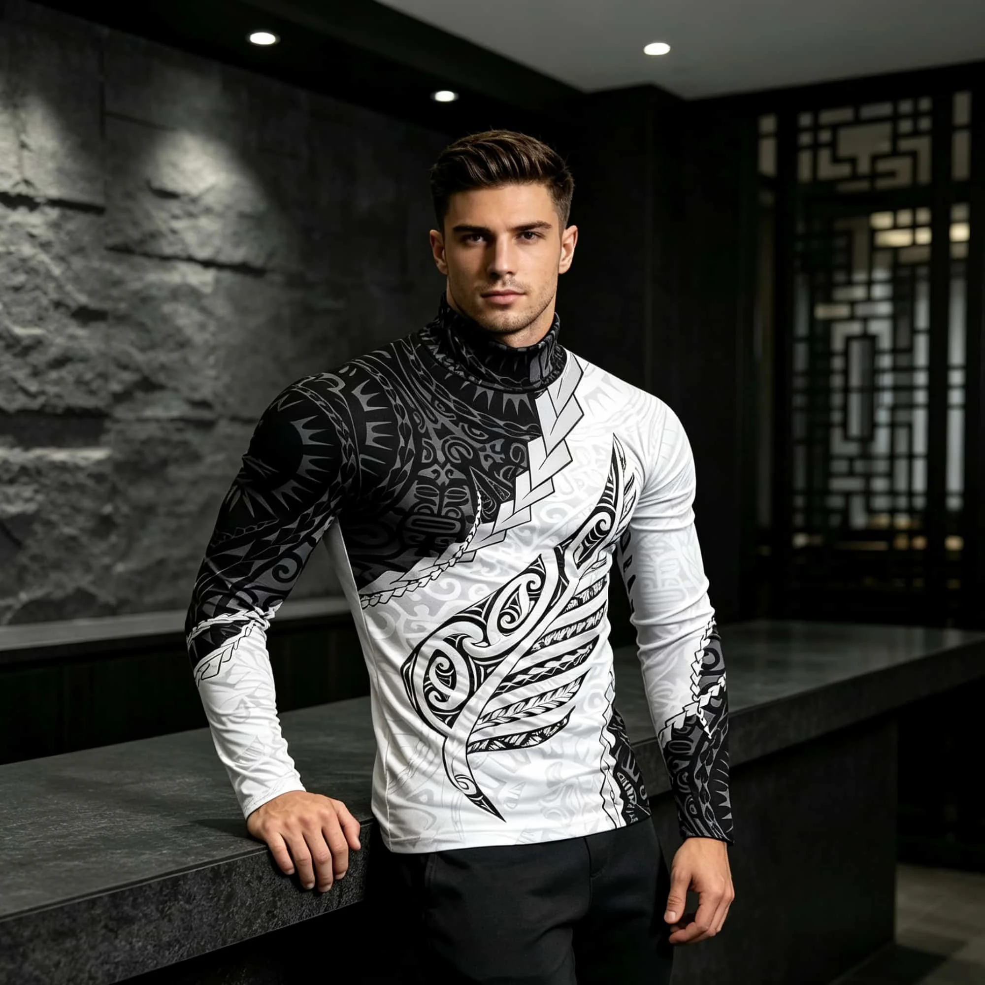 Ethnic Maori Style Men Mock Neck Long Sleeve Tee Black White Contrast Tribal Pattern Print Breathable Daily Street Pullover