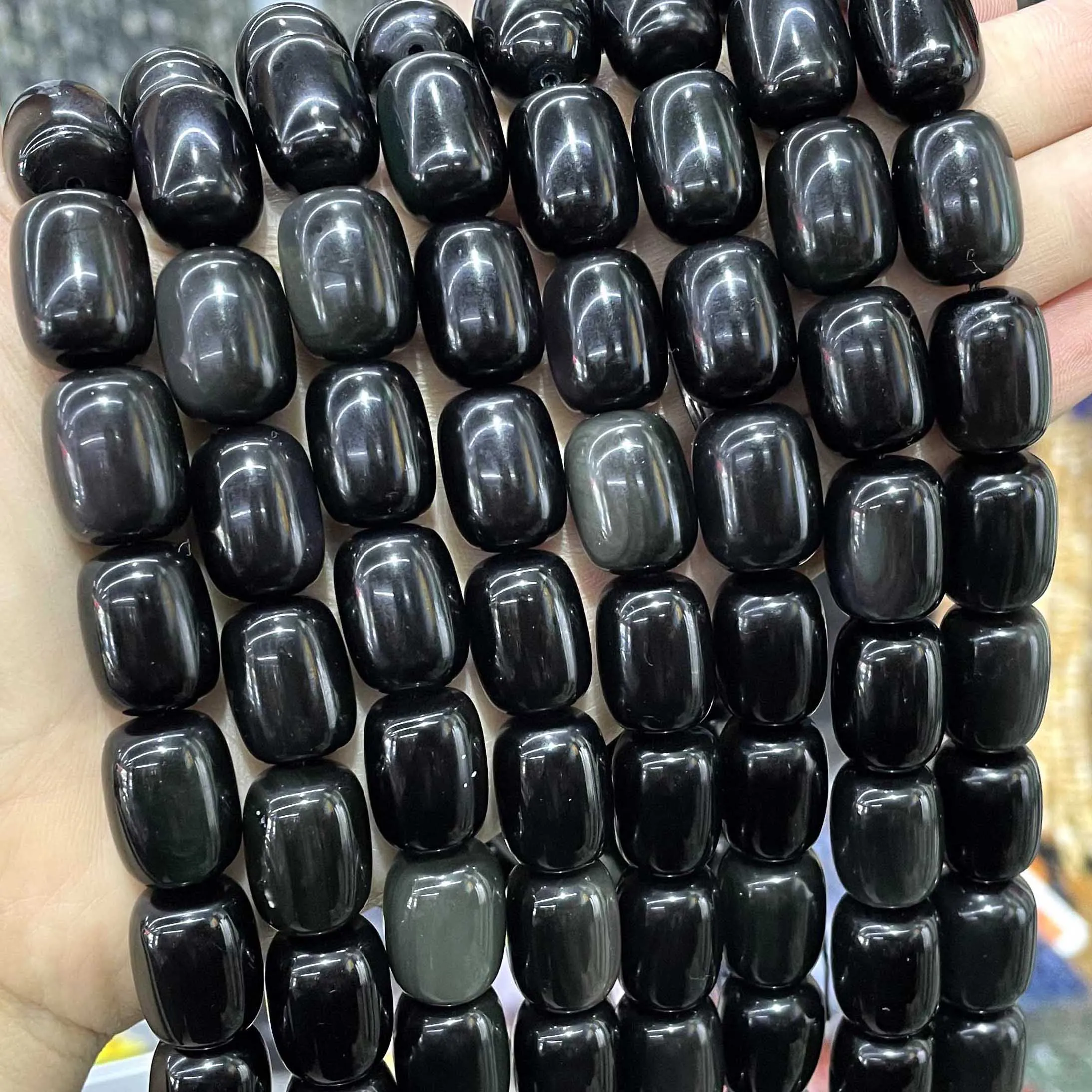 Natural Stone Black Obsidian Drum Barrel Rice Shape Spacer Beads DIY Handmade Bracelet Necklace Accessory For Jewelry Making