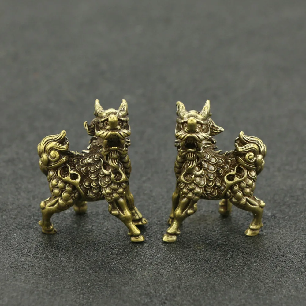 Bronze Auspicious Beast Pair Of Qilin Mini Desktop Ornaments For Viewing And Collecting Small Copper Artifacts