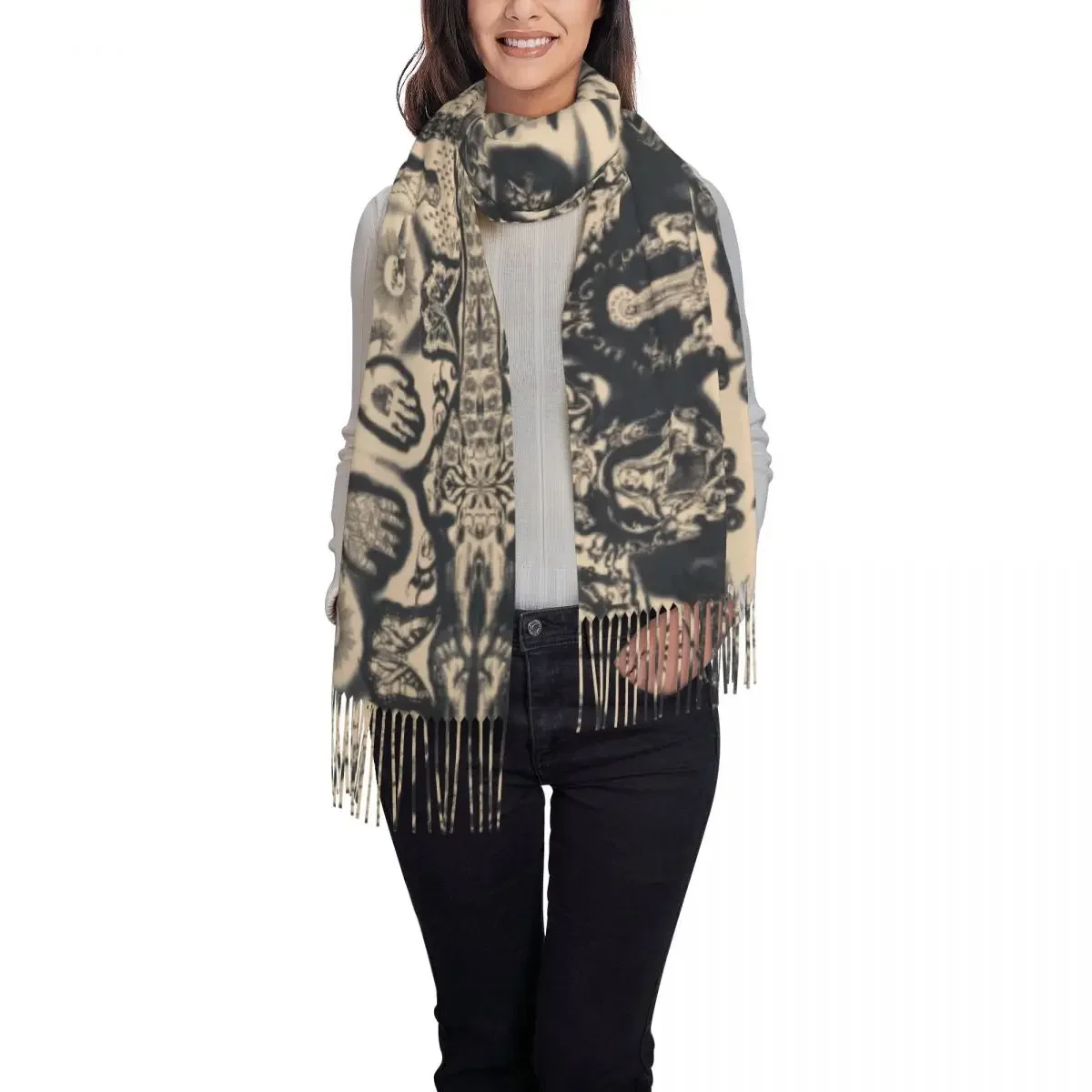 Beige Tattoo J-Jeans Printed Scarf Unisex Mary P-Pauls Scarves Wraps with Long Tassel Winter y2k Shawl Wrap Custom DIY Bufanda