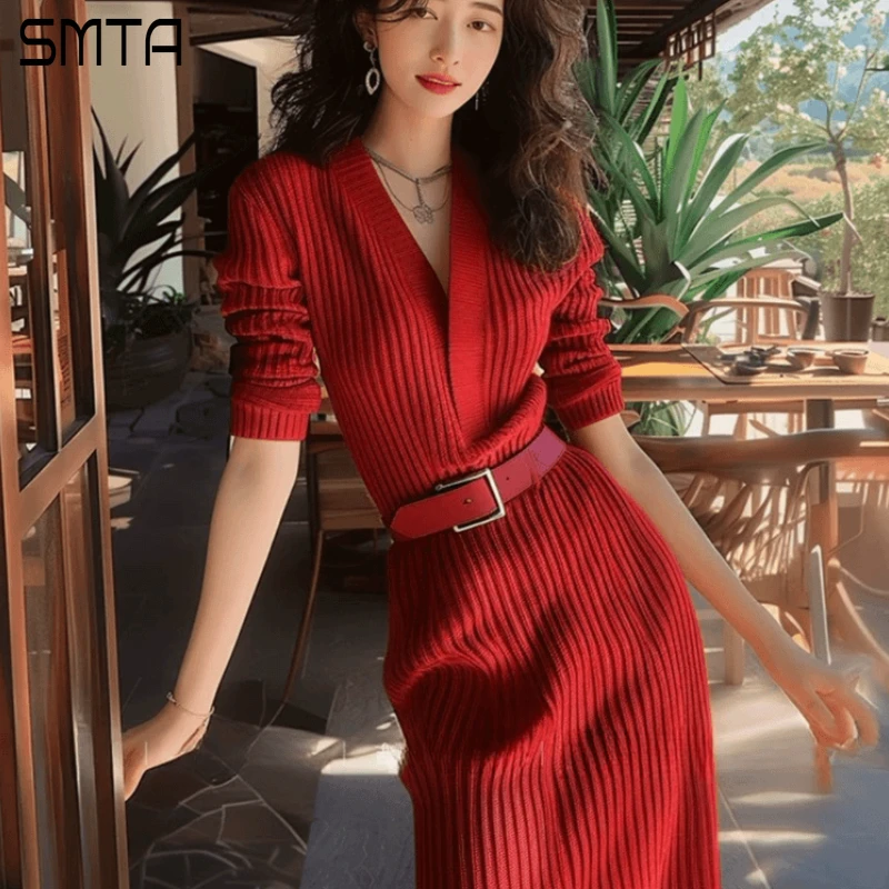 Christmas Red Knitted Sweater Wedding Dresses for Women Luxury Plunging V-Neck Long Sleeve Belted Night Club Party Dress Autumn