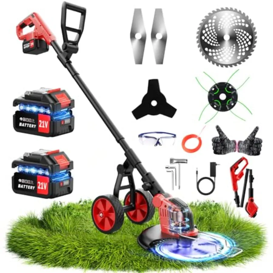 20000 RPM Electric Weed Wacker with Wheel, 12 Brushless Cordless Weed Eater Battery Powered, 4-in-1 Brush Cutter/String Trimmer