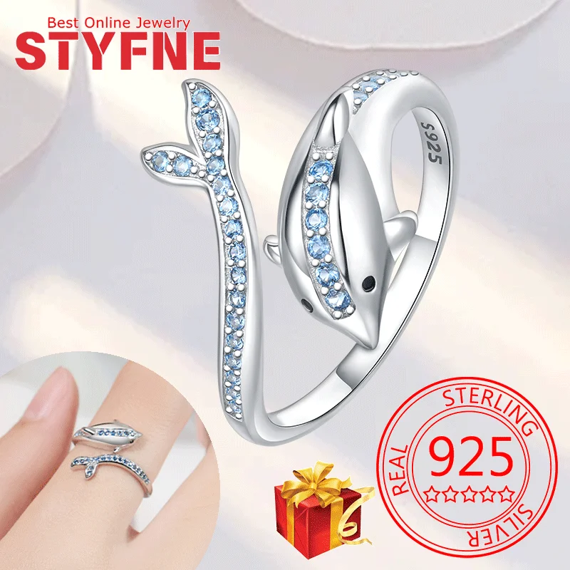 

Real 925 Sterling Silver Blue dolphin CZ Finger Rings Adjustable Ring For Women Wedding Jewelry Gifts with GIFT BOX