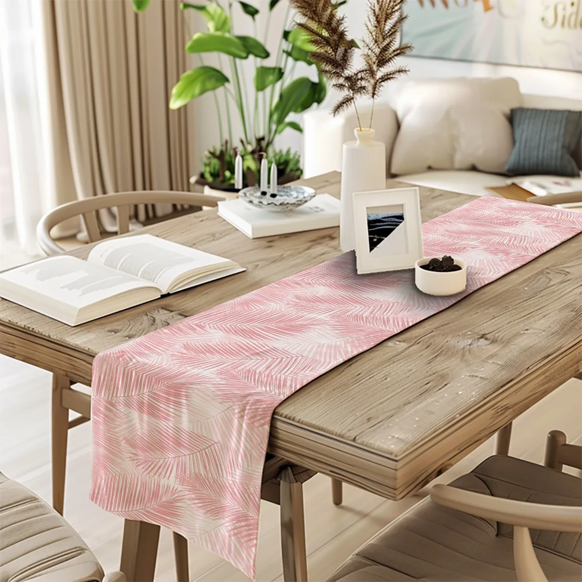print table runner Pink Palm Leaves Tropical Style Long cloth Party Decor,Tabletop Protection,Dresser Scarf,Decorative Runner