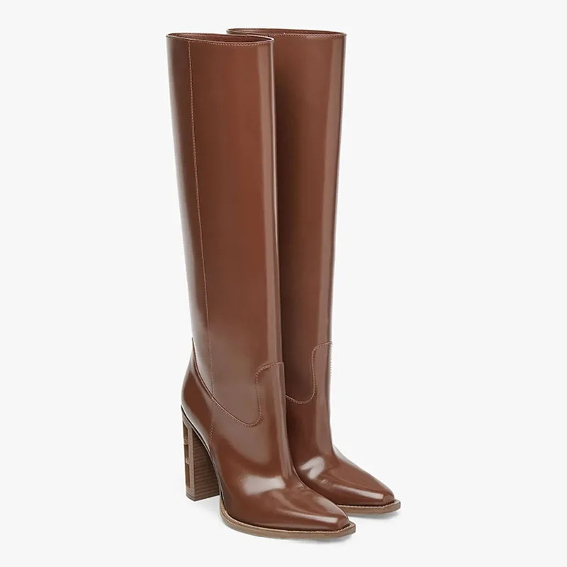 Arden Furtado Botas hasta la rodilla de cuero para mujer, tacones gruesos calados, botas de montar a la moda hasta la rodilla, botas marrones