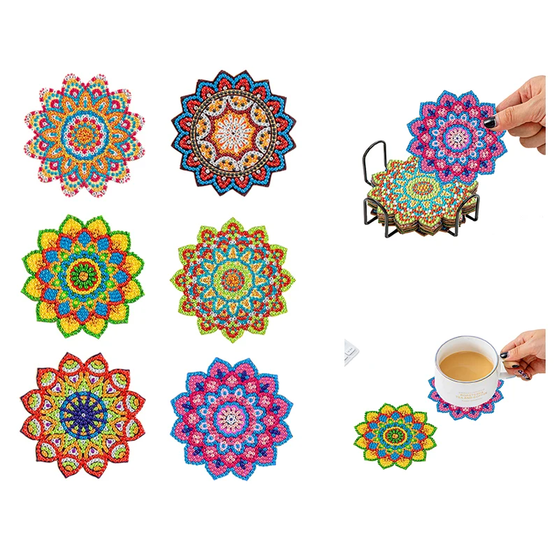 

6 Pcs/sets Diamond Painting Coasters with Holder DIY Mandala Coasters Diamond Art Kits for Beginners Adults Kids Craft Supplies