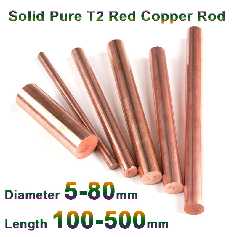 1-5Pc Copper Rod Solid Pure T2 Copper Round Bar Metal Rods Metal Processing Milling Metalworking Diameter 5-80mm Length 100-500m