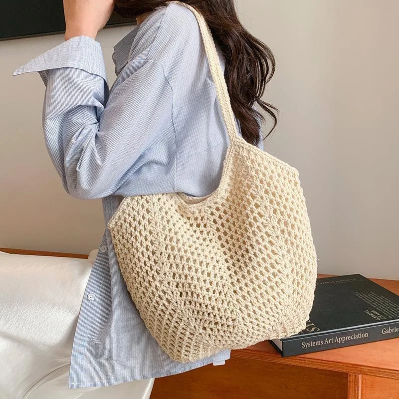 

New Casual Large Capacity Woven Shoulder Bag Hollow Out Knitted Underarm Bag Handmade Beach Cotton Bag for Women