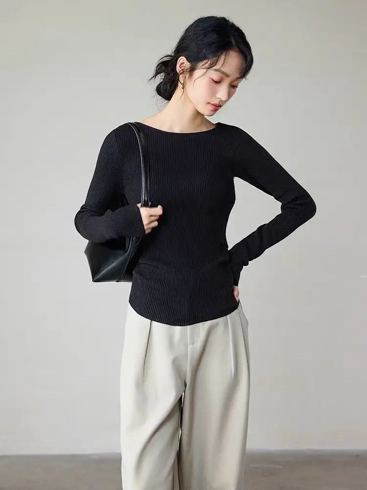 Birdtree, 31.8% Wool Elegant Machine Washable Sweater, Women Slash Neck Slim Waist, Fashion Simple Tops, Autumn Winter  T48168QM