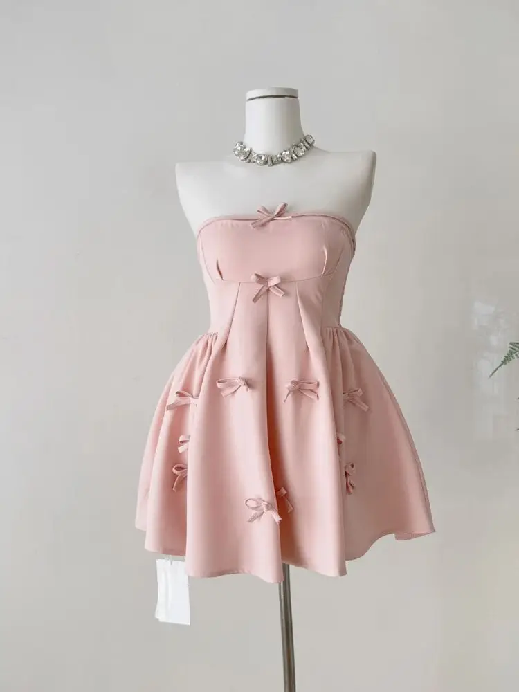 

Summer New Party Club Dress Bow Sexy Lace Up Ruffle Mini Women Dresses Waist Tie Sweet Pure French Chic Flirty Alluring Elegant