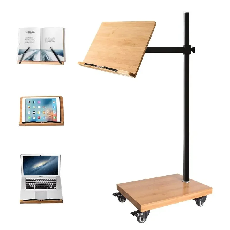 Bamboo Portable Reading Bookshelf Wooden Bedside Table with Adjustable Lifting Bracket for Books