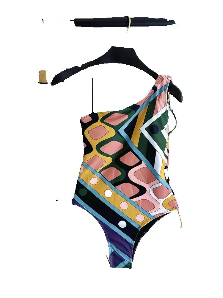 Summer Fashion Beach Vintage Geometric Printing One-piece Swimming Suit Women's Party Sexy One-Shoulder High Waist Slim Romper