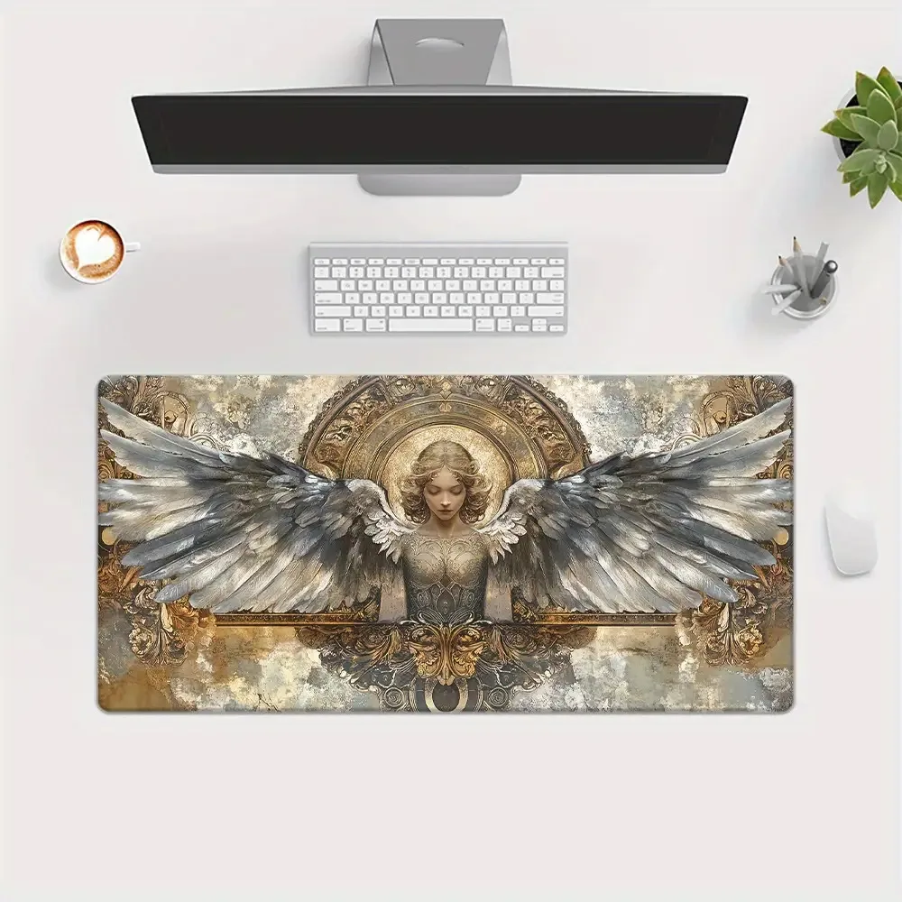 Aesthetic Gold Baroque Angel Desk Mat, Extra Large Wings Art Mouse Pad, Non-Slip Waterproof Keyboard Mat for Desk Decor