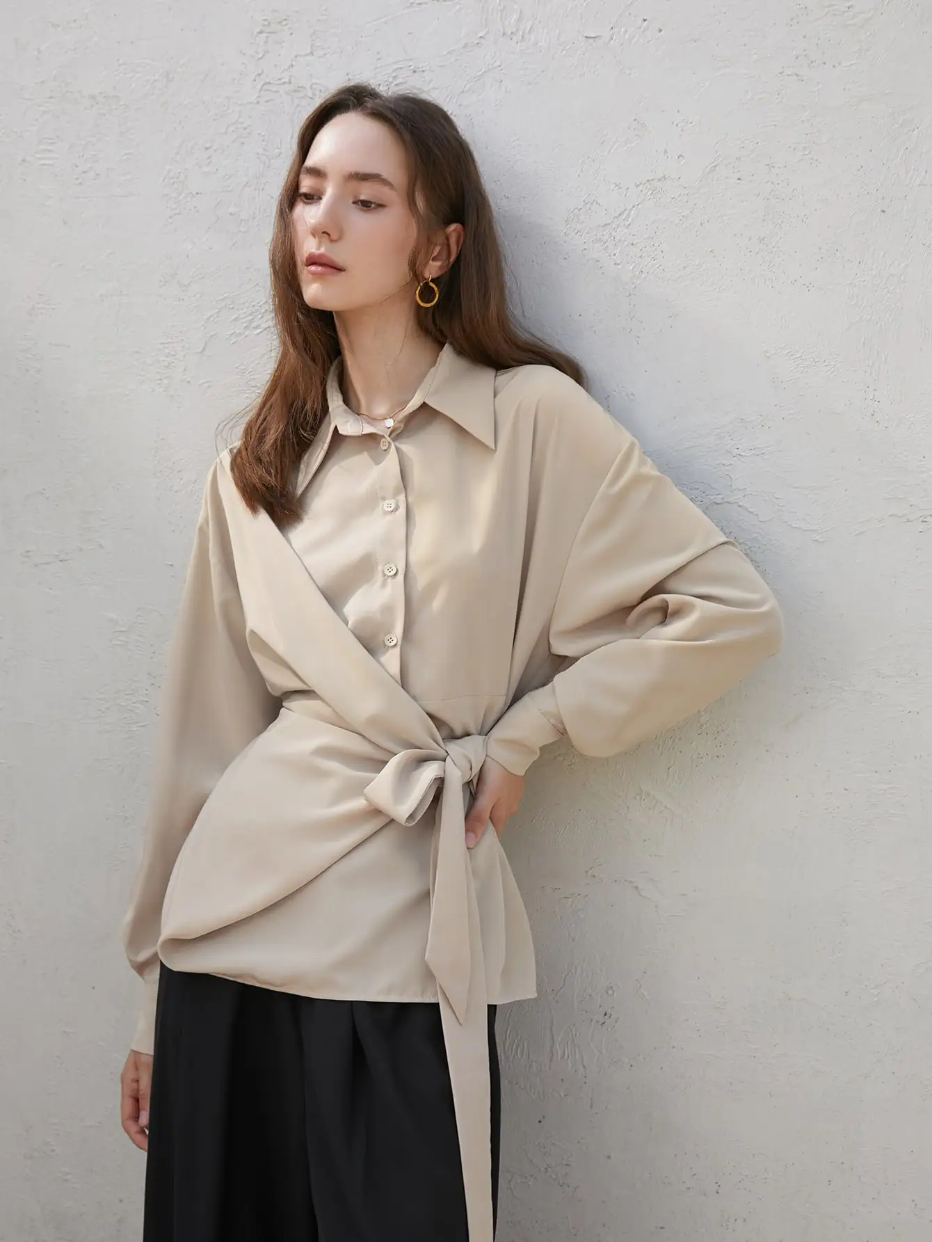 

Новинка осени, Женская Модная элегантная Милая Сексуальная рубашка AEL с длинным рукавом, лацканами и бантом