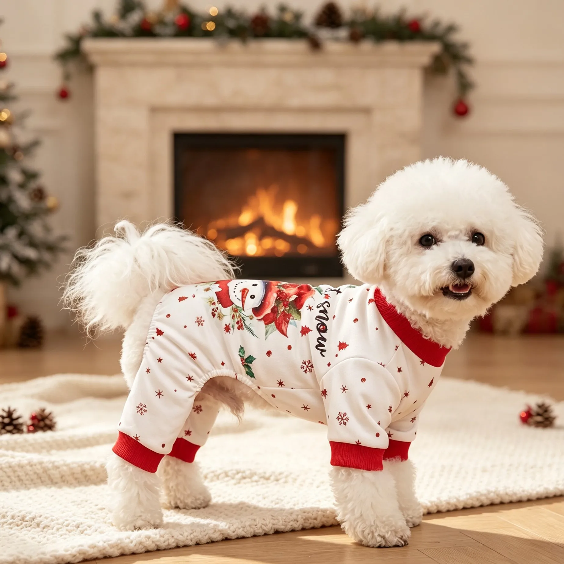 Pijama de perro tipo mono - lindo pijama con estampado de muñeco de nieve y la frase "LetIt Snow", bordes rojos acanalados y patrones de copos de nieve.
