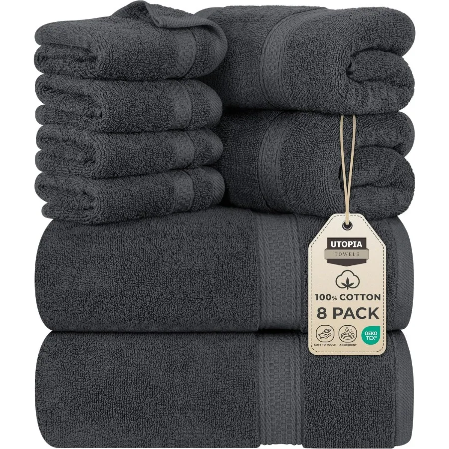 Juego de toallas premium de 8 piezas que incluyen 2 toallas de baño, 2 toallas de mano y 4 paños de lavado hechos de 600 GSM, 100 anillos de algodón hilado para alta