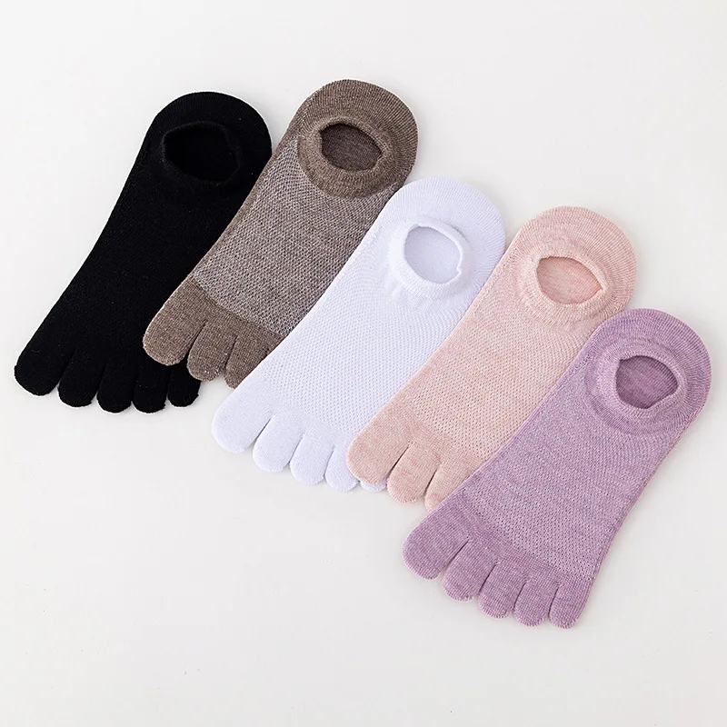

5 Pairs Low Tube Five Finger Socks Women's Summer Mesh Solid Cotton Thin Short Toe Socks Invisible Boat Socks Casual