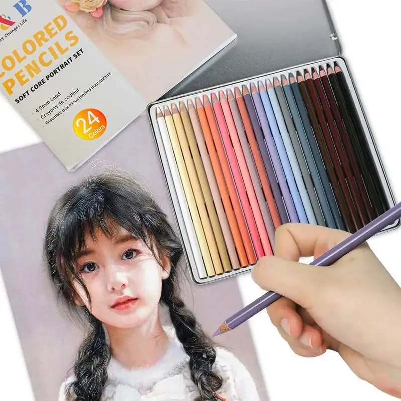 H&B Flesh Colored Pencil Set 24pcs Premium Skin/Hair/Portrait Tone Painting Pens Soft Thick 4mm Core Wood School Useful Supplies