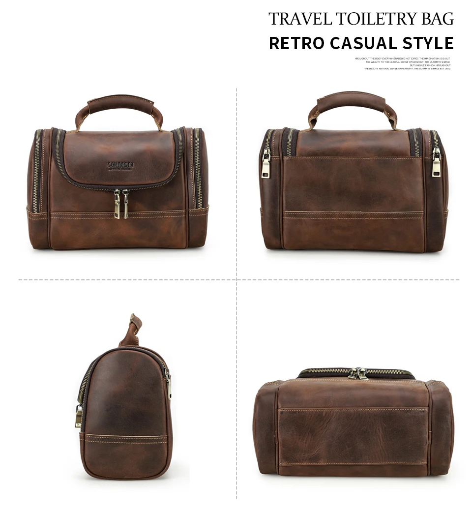 Männer Echtes Leder Reise Business Kulturbeutel Rasieren Tasche Frauen Retro Kosmetik Waschen Dusche Organizer Handtasche Große Kapazität – Detail 9