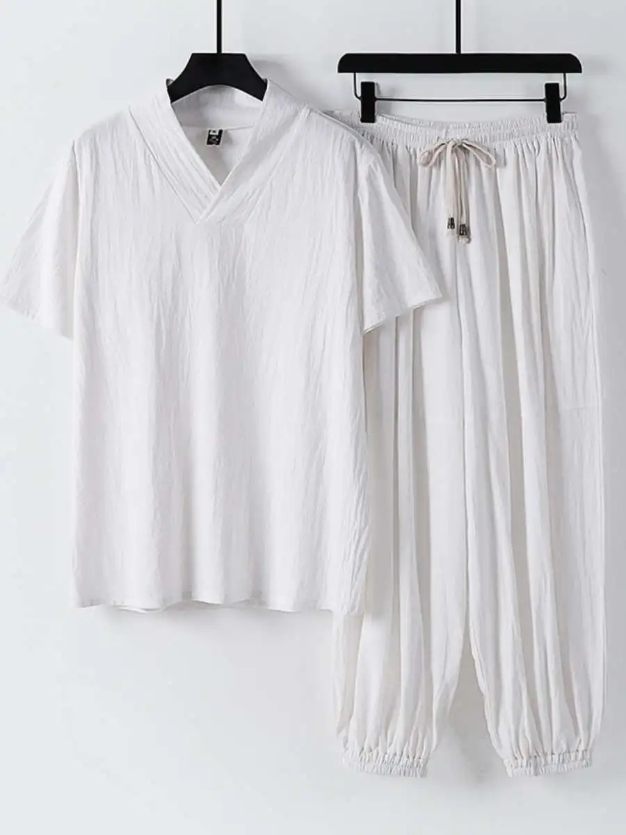 

Large Size Hanfu Sportswear Set V-Neck T-Shirt New Nine-Piece Pants Chinese Style Zen Men's Two-Piece Set Comfortable Cotton