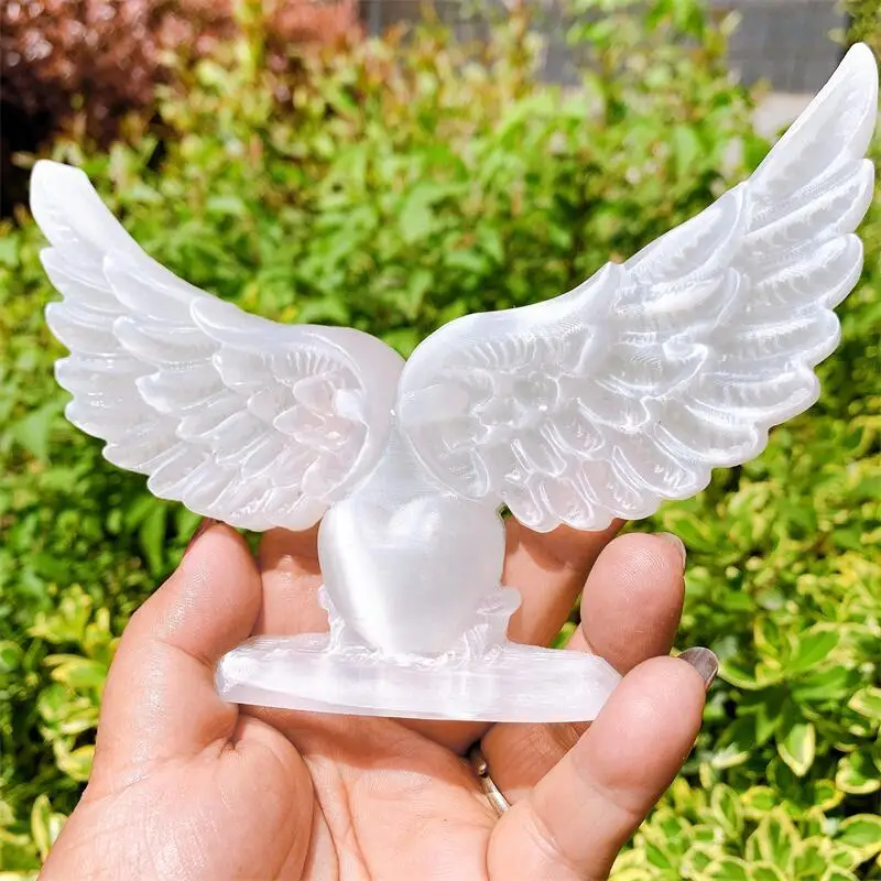 16cm Natural Selenite Angel Heart Wing Carved Sculpture Reiki Healing Energy Gemstone Crafts Home Decoration As Gift 1pcs