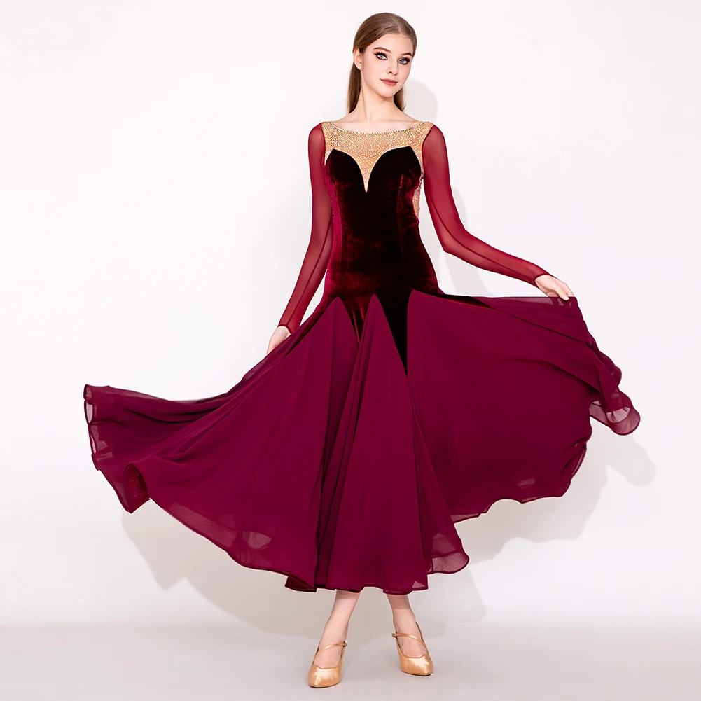 Vestido de baile nobre valsa, novo vestido de competição com strass para mulheres, saia de veludo, manga longa padrão, dança de salão