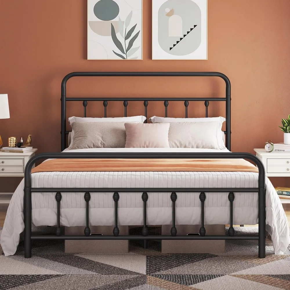 

Victorian Style Metal Bed Frame with Headboard/Mattress Foundation/No Box Spring Needed/Under Bed Storage/Strong Slat Support