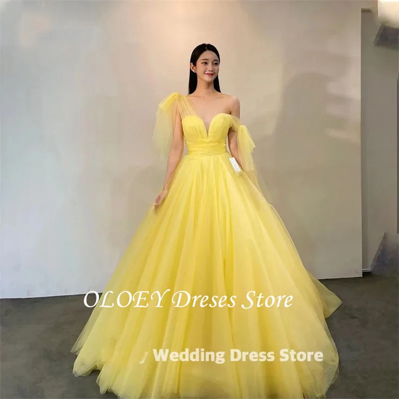 OLOEY Vestido de novia de tul amarillo, sesión de fotos de Corea, vestido de novia con manga acampanada, largo hasta el suelo, tirantes finos, personalizado