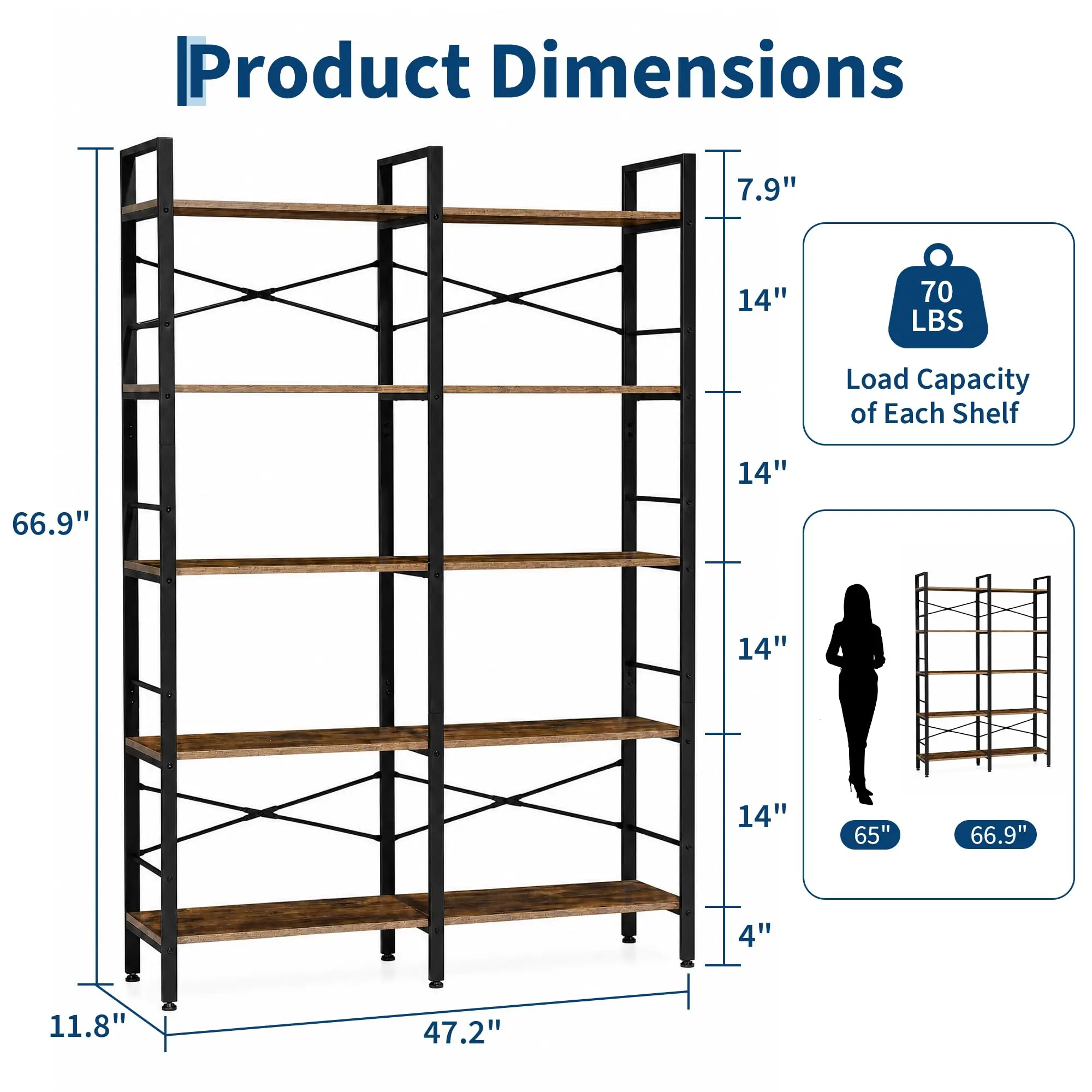 5-Tier Double Wide Bookshelf, Industrial Open Bookcase with Rustic Wood Shelves and Black Metal Frame, Freestanding Large Display Storage Rack for Living Room, Home Office