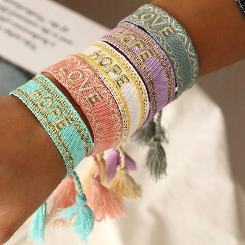 Vintage Handmade Embroidery Weaved Bracelet Femme Tassel Love Hope Letter Lace Up Adjustable Tassel Rope Bracelet for Women