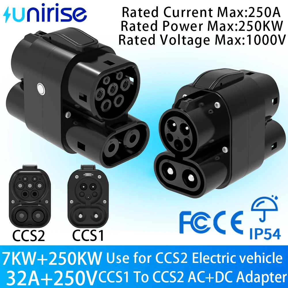 

Unirise CCS1 to CCS2 EV Charger Adapter 250A 250KW+7kW DC+AC Fast Charging Converter CCS Combo 1 For CCS2 Electric Car Connector